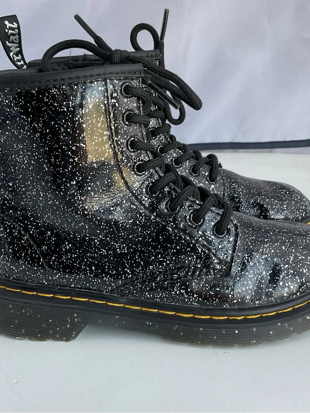 Dr Martens 1460 Cosmic Glitter Sparkles Black Patent Leather Boots Kids Size 1